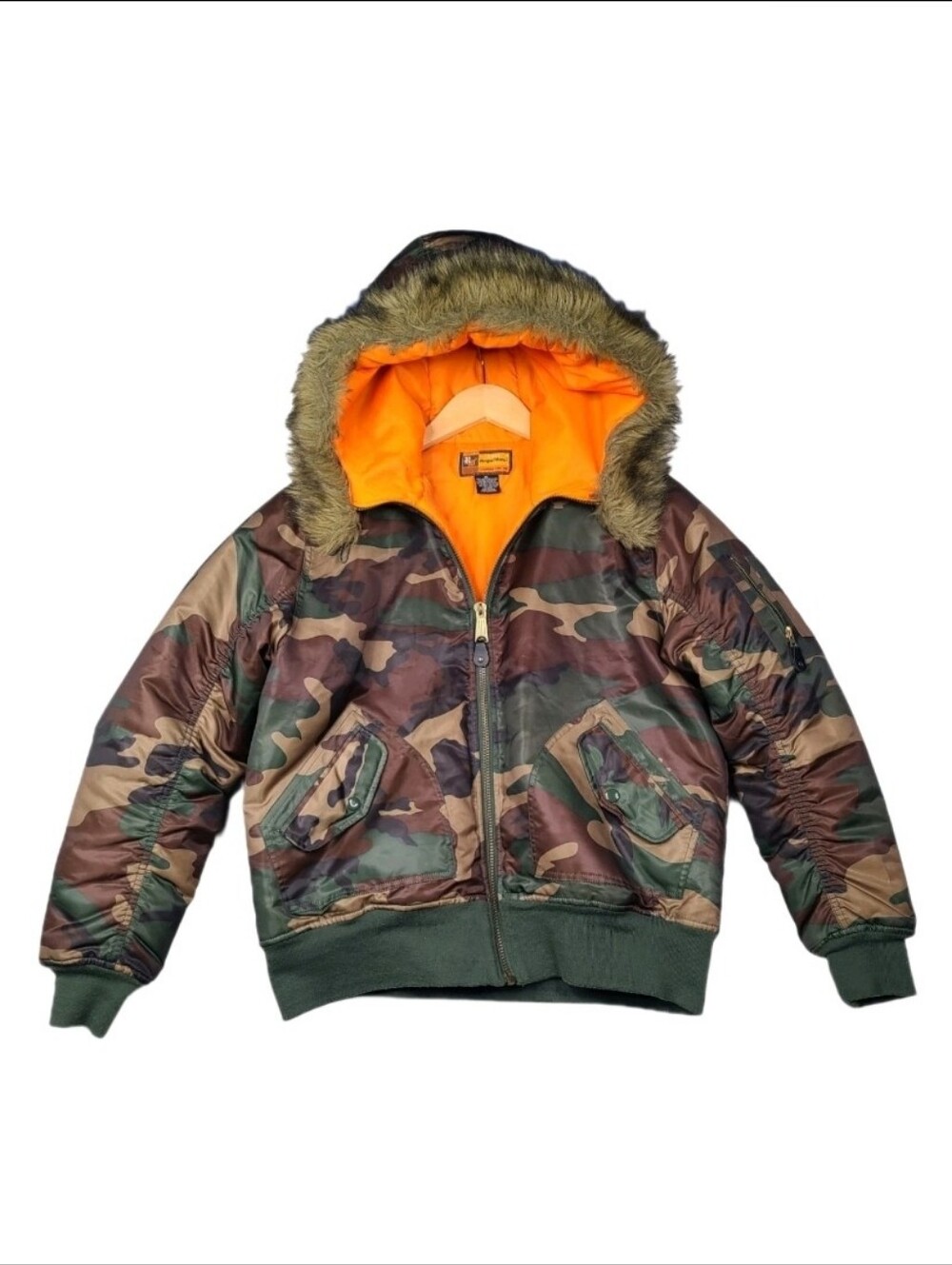 Vintage Y2k Regal Wear Camo Army Puffer Bomber Jacket Faux Fur Hood Womens Sz XL